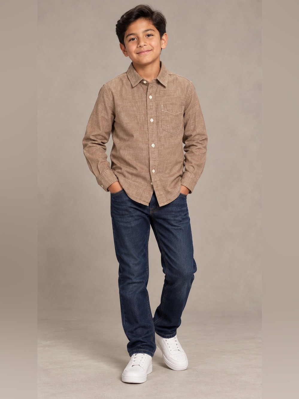 GAP Denim Boys Large 10–11 Brown Cotton Chambray Button-Down Shirt